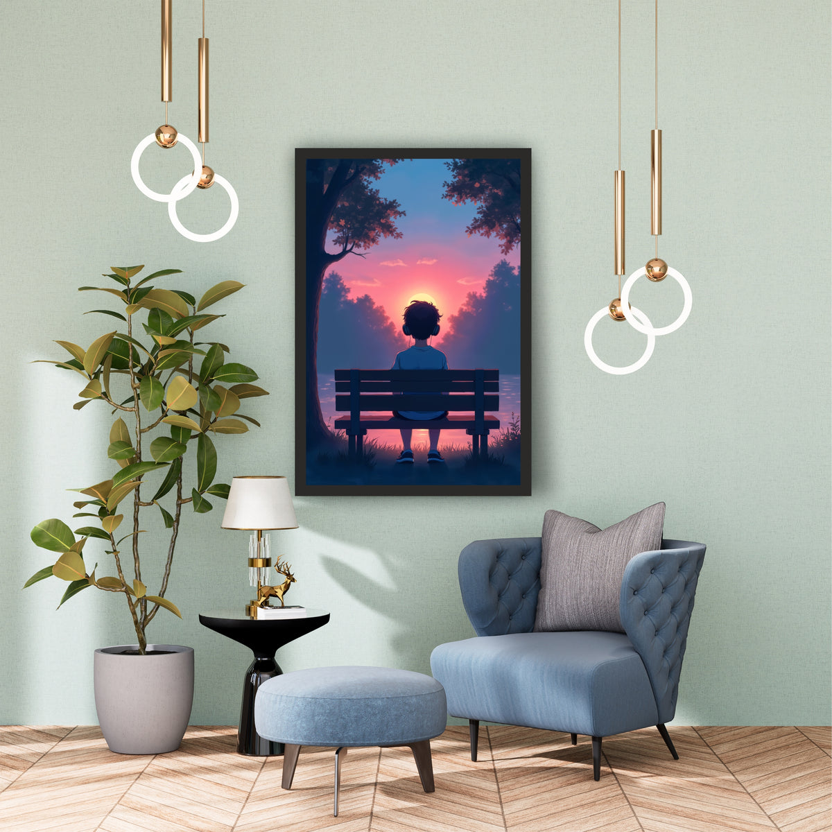 Peaceful Sunset Boy Wall Art | Anime Nature Artwork