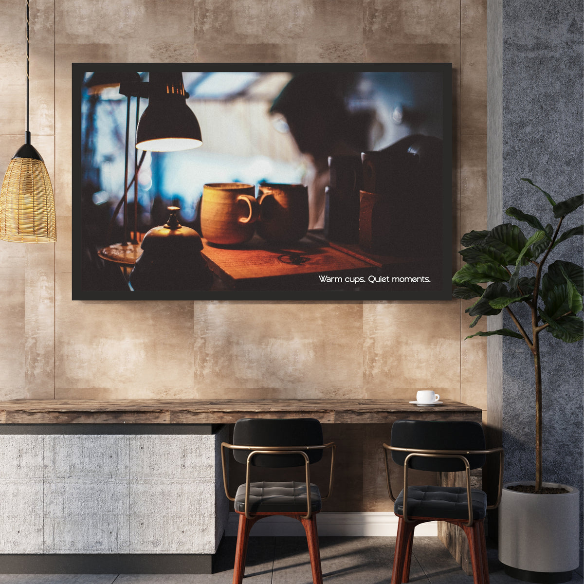 Warm Cups Wall Art | Cozy Coffee Canvas Print | Rustic Café Kitchen Decor