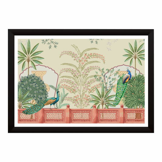 Mughal Garden Wall Art | Peacock Botanical Illustration | Traditional Indian Heritage Artwork | Royal Palace Garden Decor