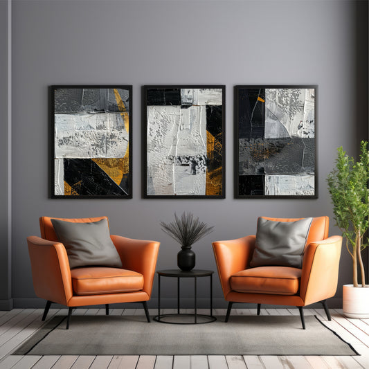 Textured Abstract Wall Art Set of 3 | Black & Gold Modern Prints
