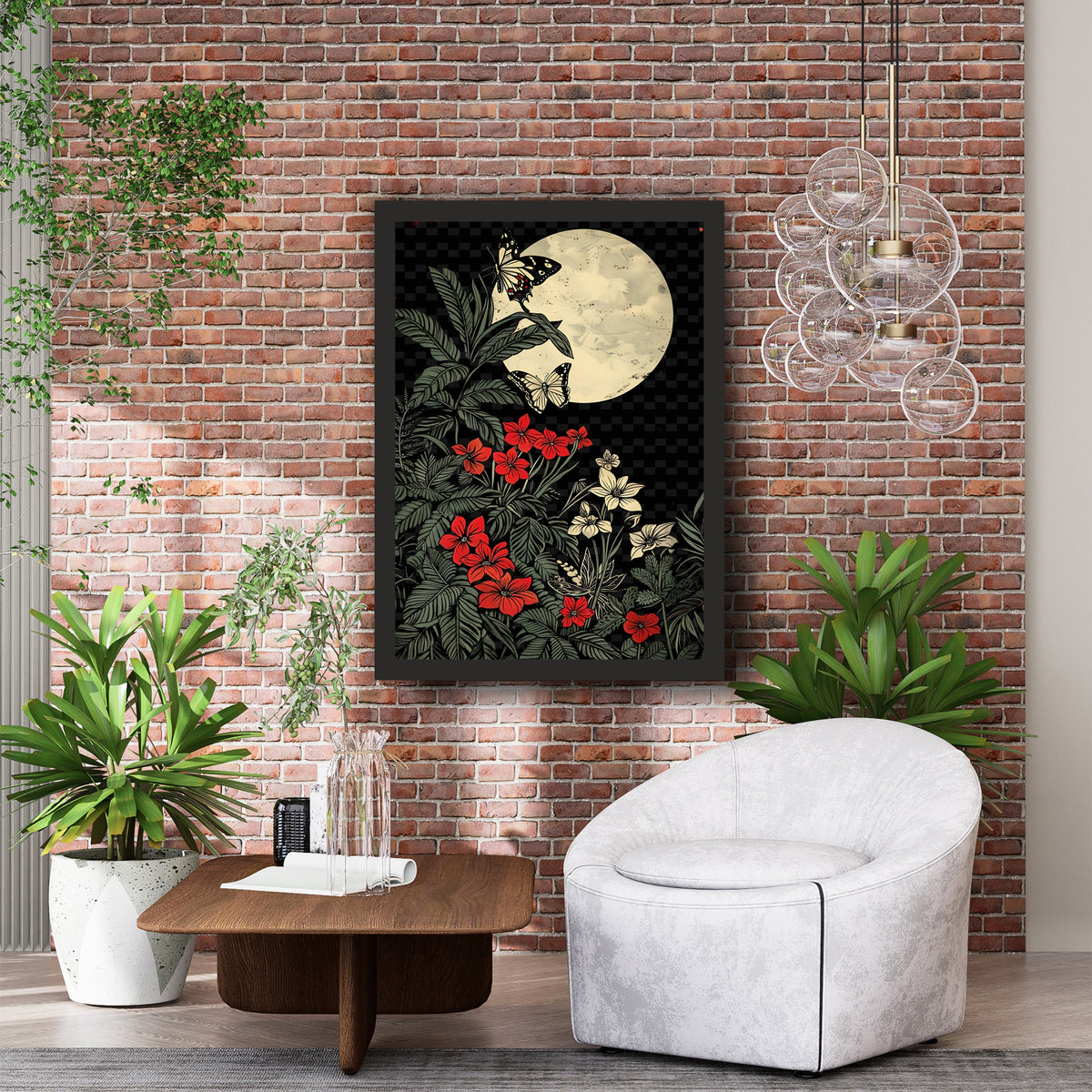 Butterfly Moon Wall Art | Botanical Night Garden Illustration