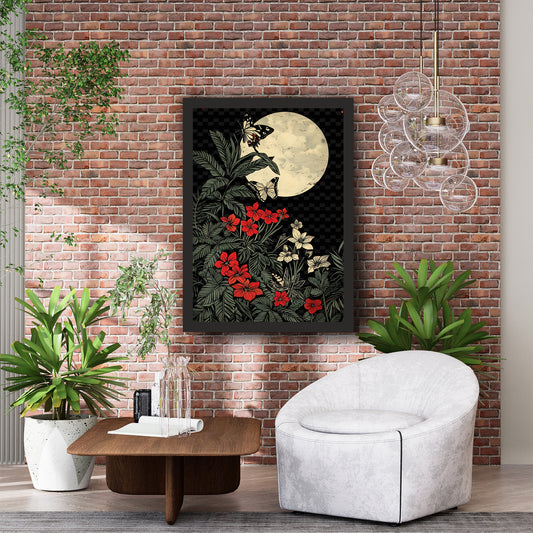 Butterfly Moon Wall Art | Botanical Night Garden Illustration