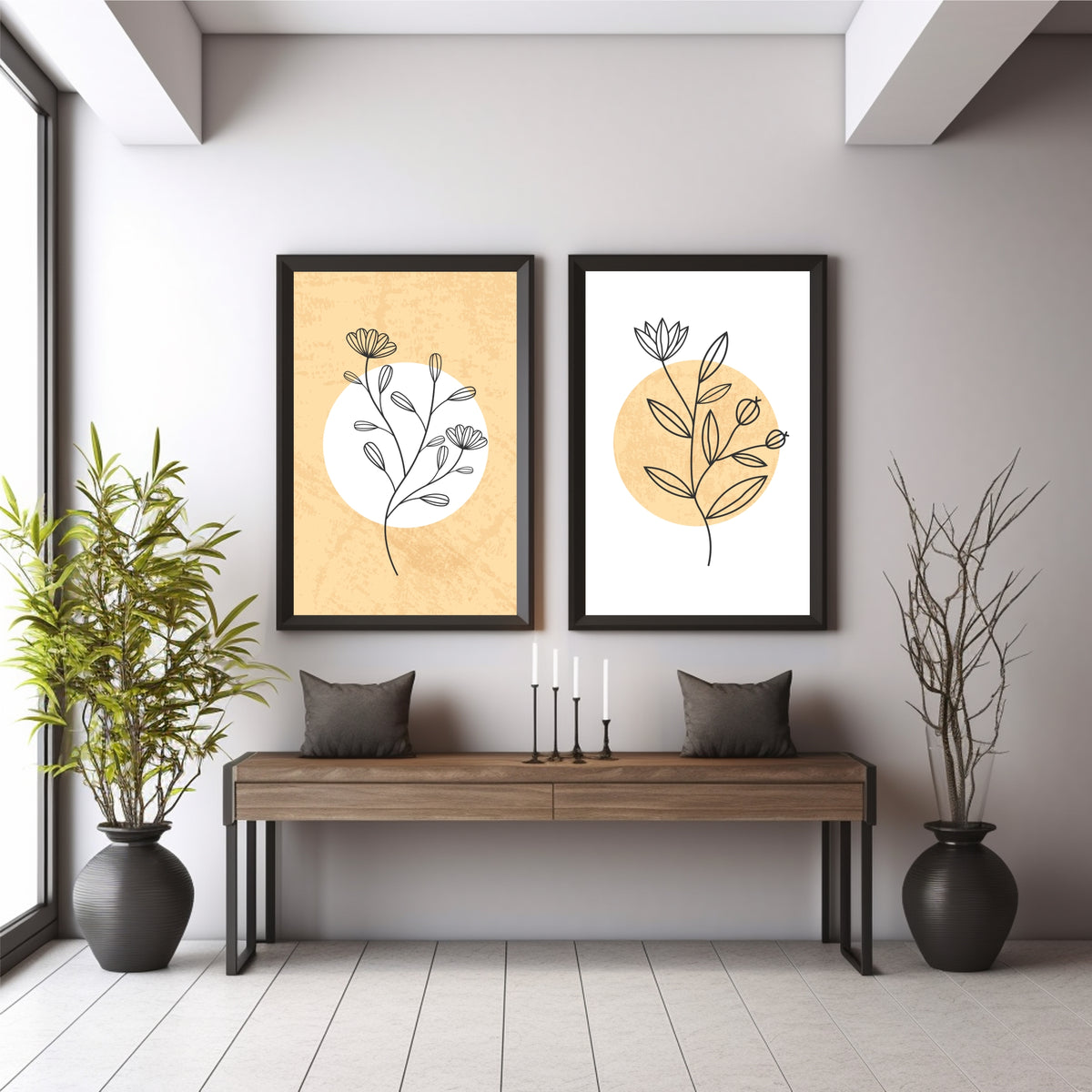 Minimalist Floral Wall Art Set of 2 | Beige Botanical Flower Prints | Modern Neutral Nature Decor