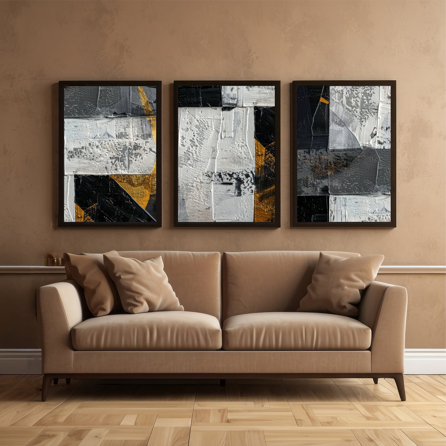 Textured Abstract Wall Art Set of 3 | Black & Gold Modern Prints