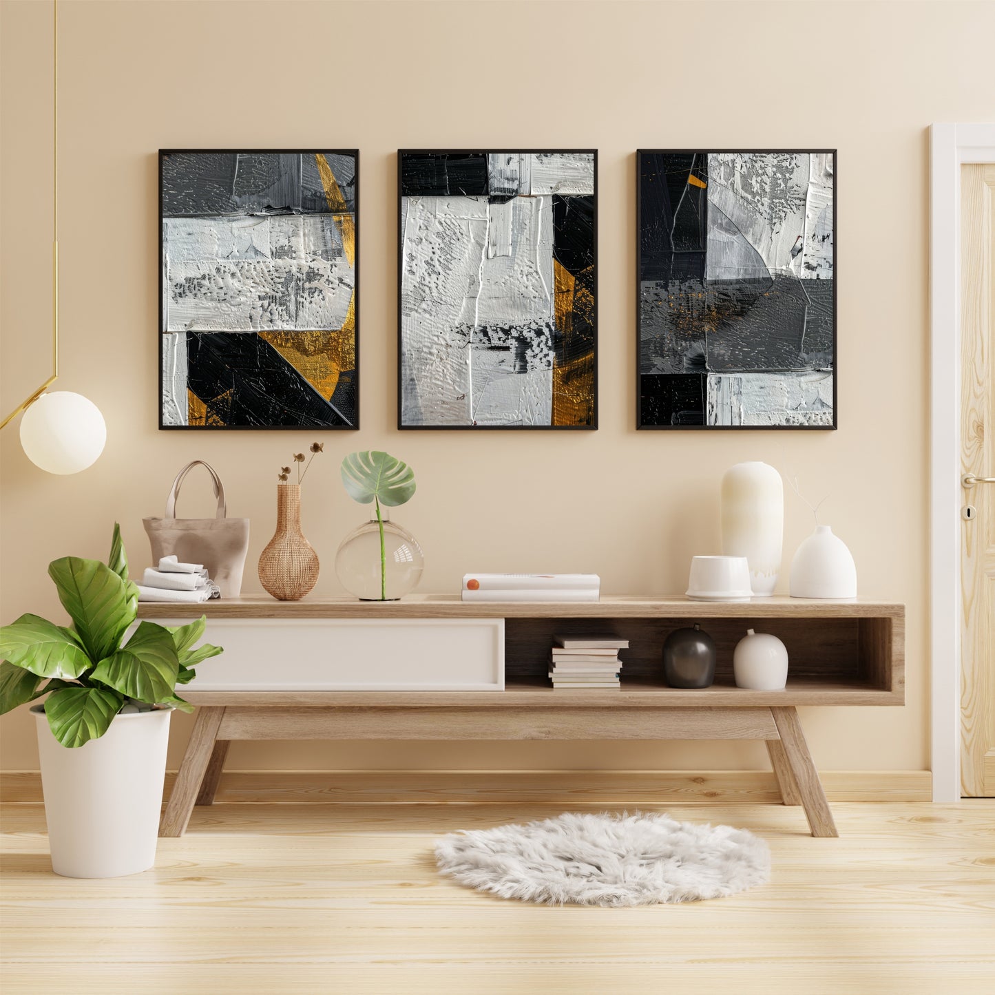 Textured Abstract Wall Art Set of 3 | Black & Gold Modern Prints