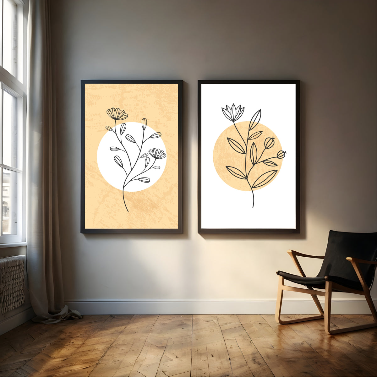 Minimalist Floral Wall Art Set of 2 | Beige Botanical Flower Prints | Modern Neutral Nature Decor
