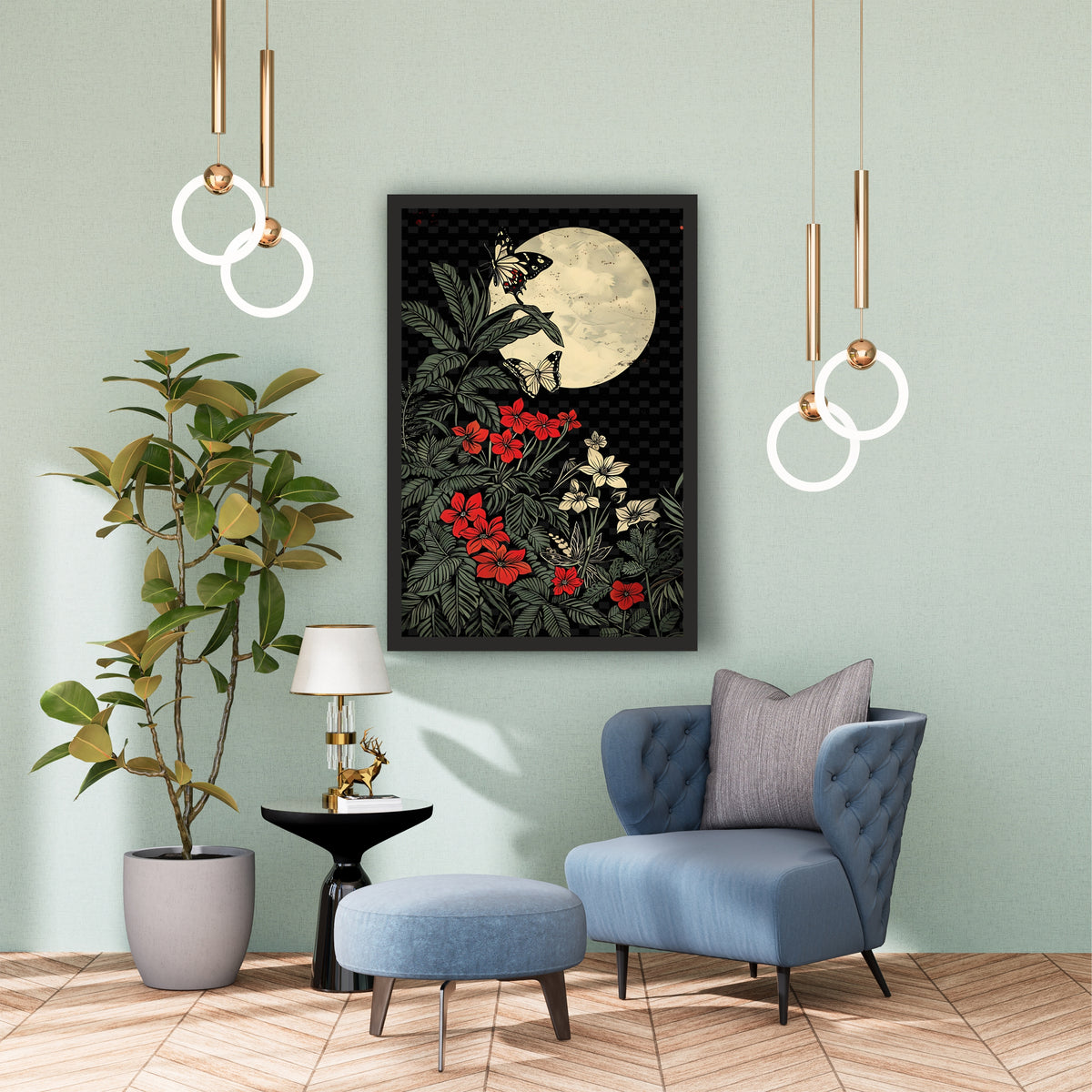 Butterfly Moon Wall Art | Botanical Night Garden Illustration