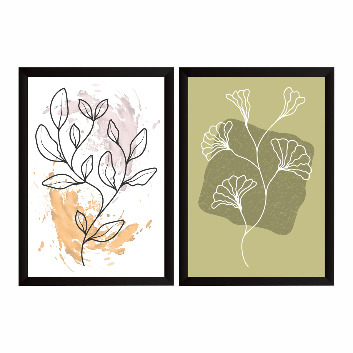 Abstract Floral Wall Art Set of 2 | Botanical Flower Line Art Prints | Olive Green & Beige Modern Decor