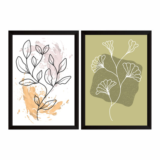 Abstract Floral Wall Art Set of 2 | Botanical Flower Line Art Prints | Olive Green & Beige Modern Decor