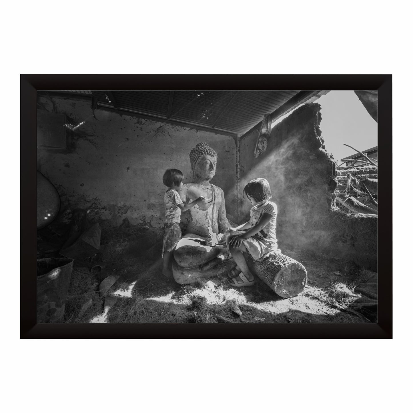 Rustic Buddha & Children Wall Art | Black & White Photography