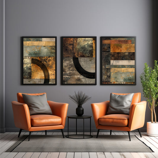 Vintage Abstract Wall Art Set of 3 | Rustic Textured Prints