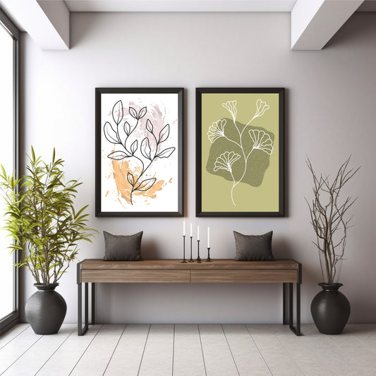 Abstract Floral Wall Art Set of 2 | Botanical Flower Line Art Prints | Olive Green & Beige Modern Decor