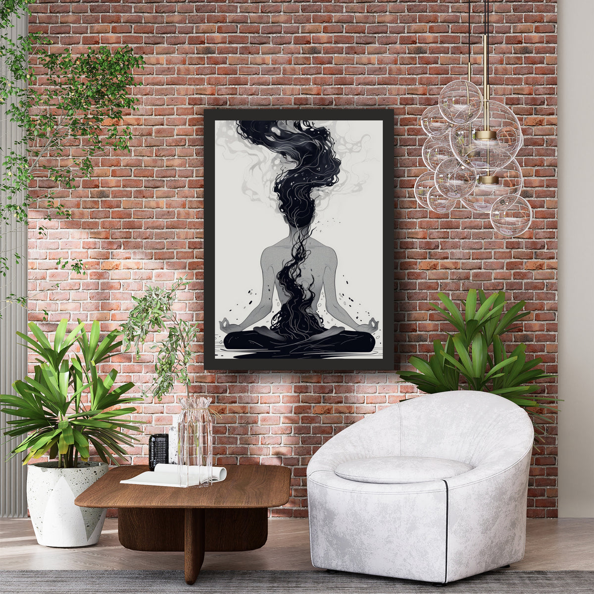 Meditation Woman Wall Art | Black & White Spiritual Line Art