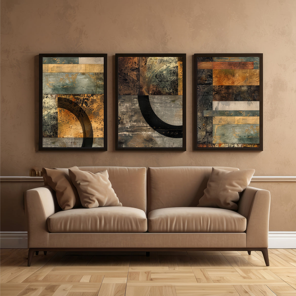 Vintage Abstract Wall Art Set of 3 | Rustic Textured Prints