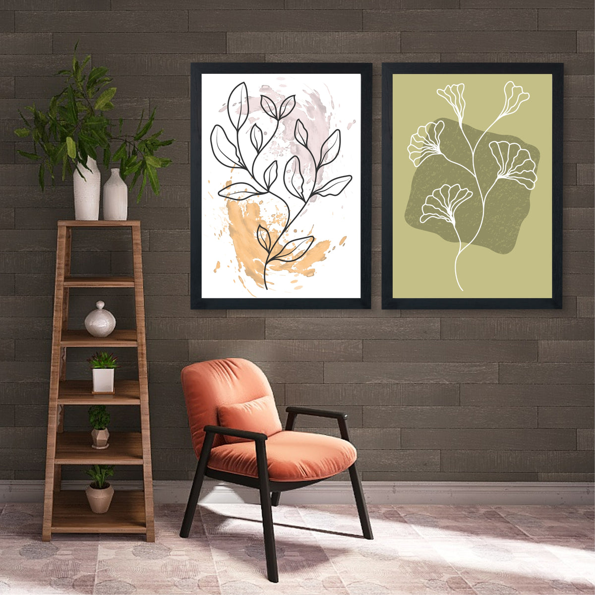 Abstract Floral Wall Art Set of 2 | Botanical Flower Line Art Prints | Olive Green & Beige Modern Decor
