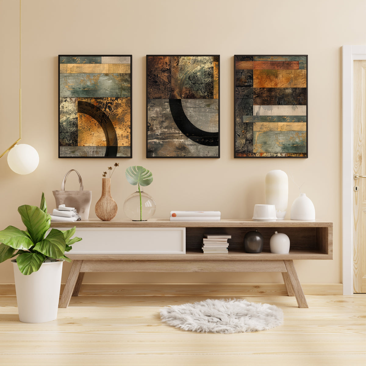 Vintage Abstract Wall Art Set of 3 | Rustic Textured Prints