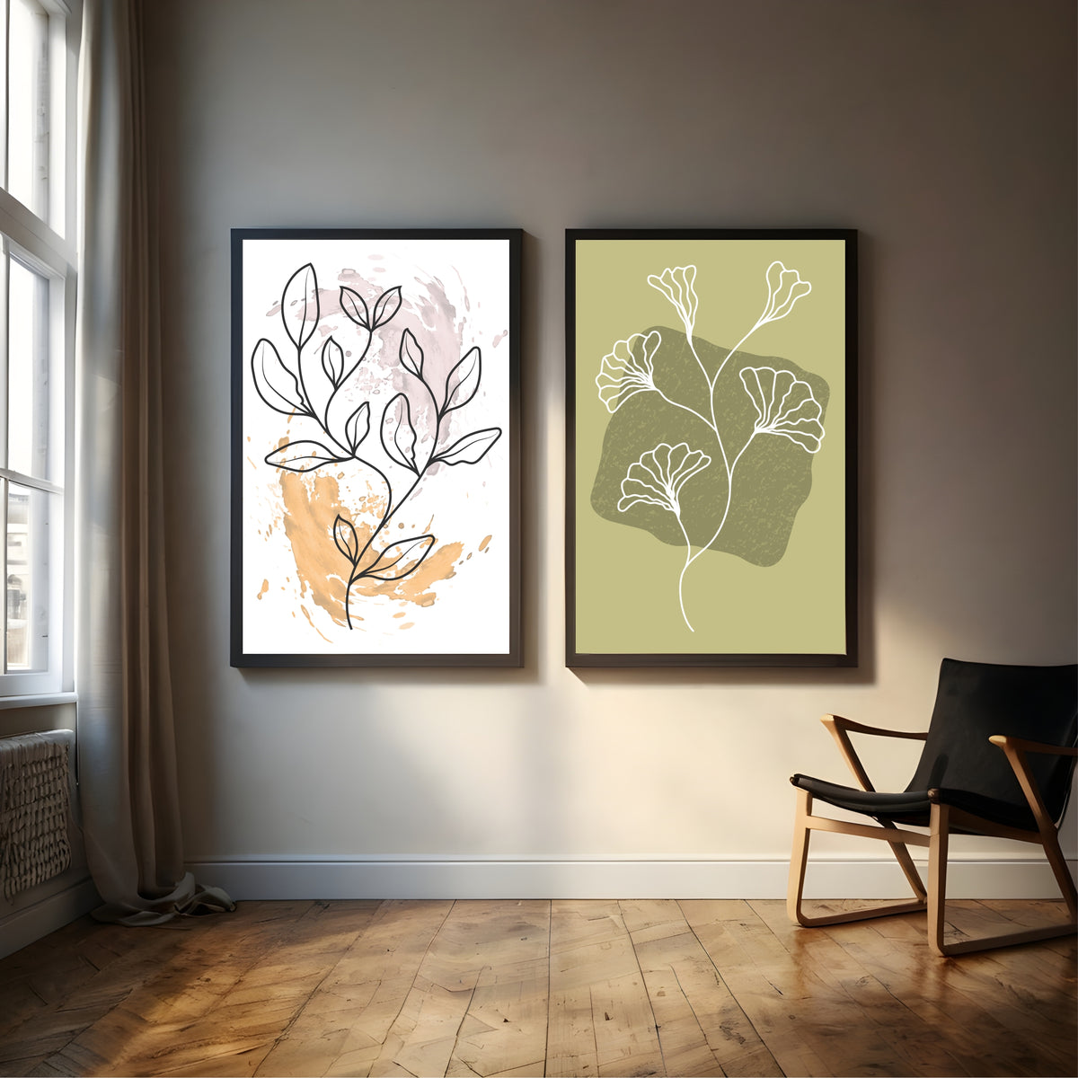 Abstract Floral Wall Art Set of 2 | Botanical Flower Line Art Prints | Olive Green & Beige Modern Decor