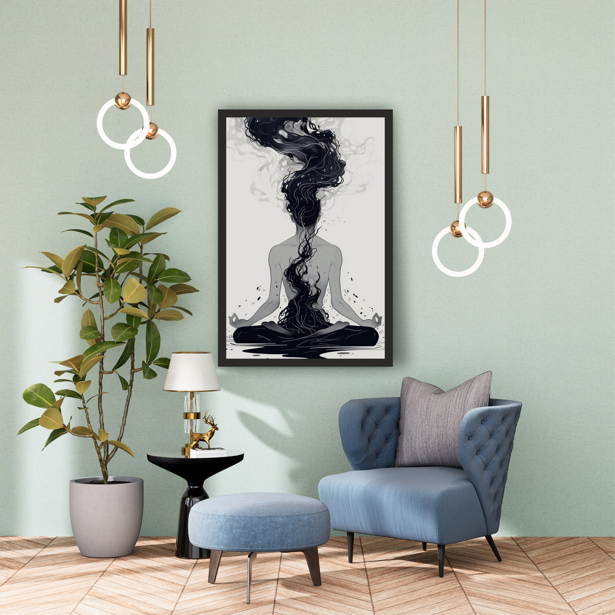 Meditation Woman Wall Art | Black & White Spiritual Line Art