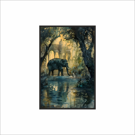 Majestic Tranquility – Elephant by the Palace Wall Frame 🐘🌿