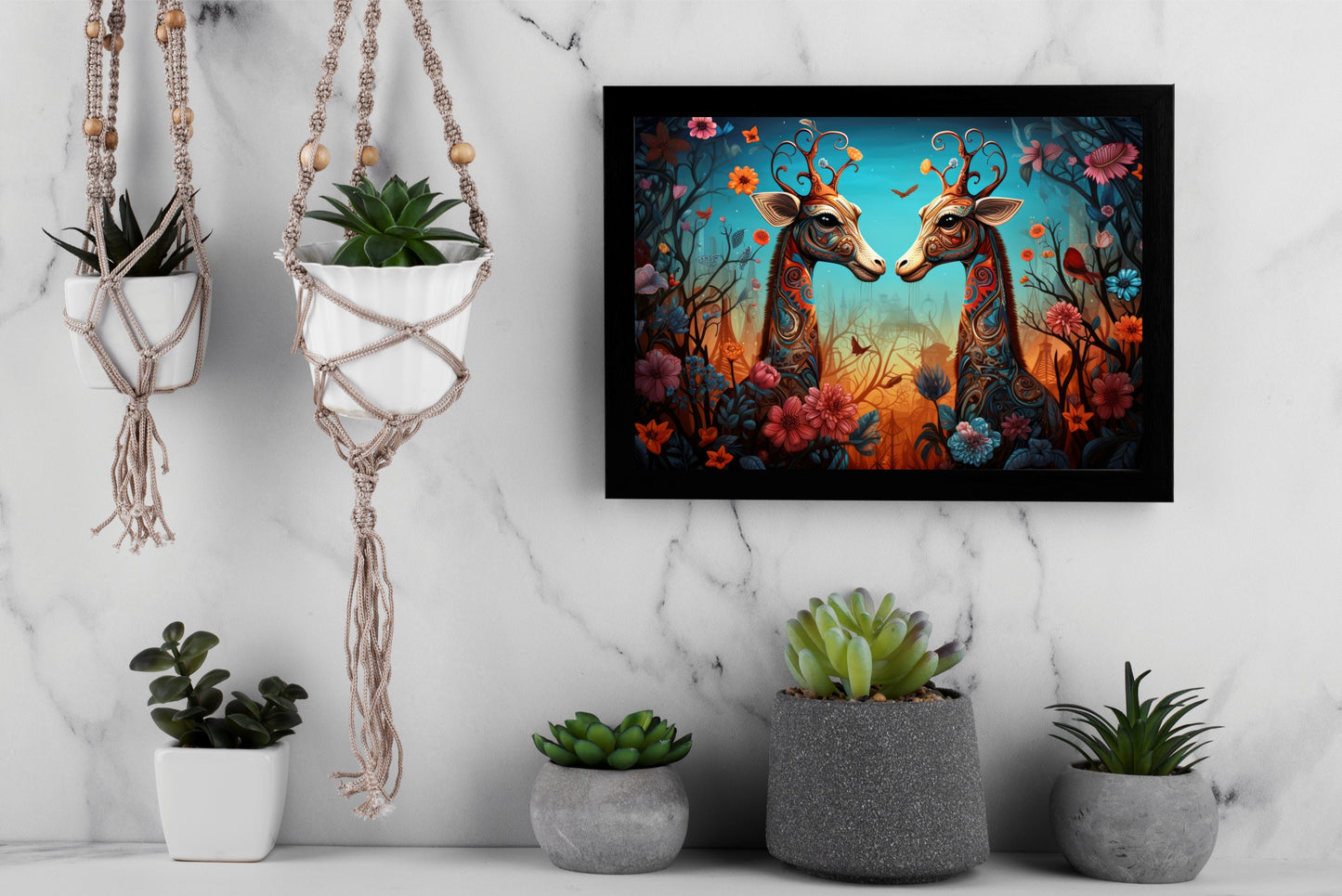 Eternal Harmony – Twin Giraffes Wall Frame 🦒🌺