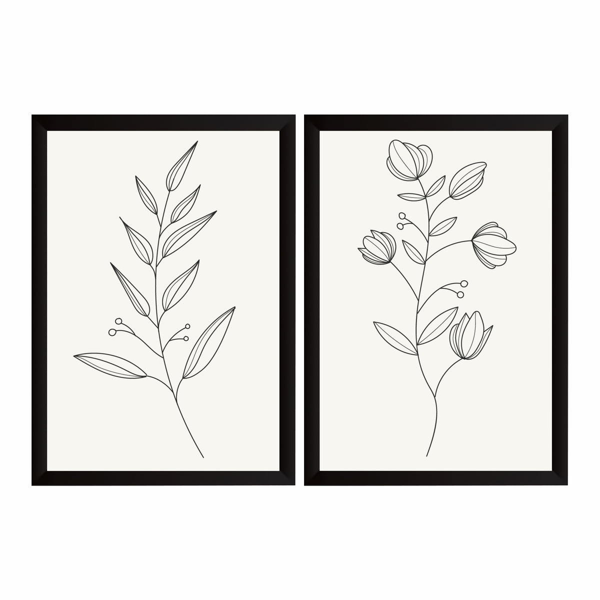 Minimalist Botanical Wall Art Set of 2 | Black Line Floral Prints | Modern Scandinavian Leaf Decor