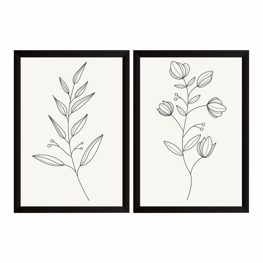 Minimalist Botanical Wall Art Set of 2 | Black Line Floral Prints | Modern Scandinavian Leaf Decor