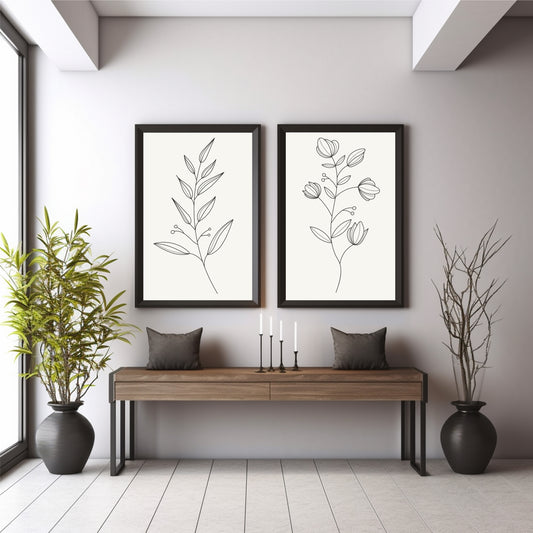 Minimalist Botanical Wall Art Set of 2 | Black Line Floral Prints | Modern Scandinavian Leaf Decor