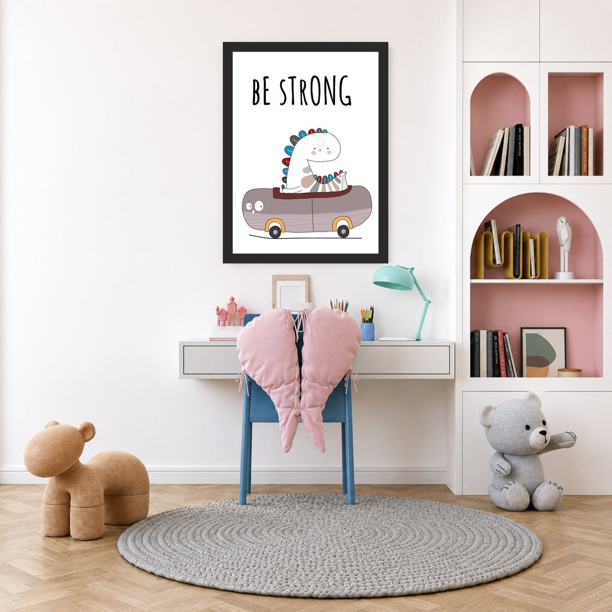 Cute Dino Wall Art | Be Strong Dino Kids Poster | Minimalist Nursery Room Decor