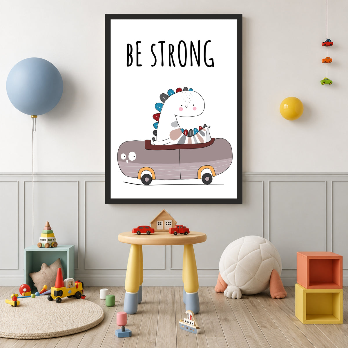 Cute Dino Wall Art | Be Strong Dino Kids Poster | Minimalist Nursery Room Decor