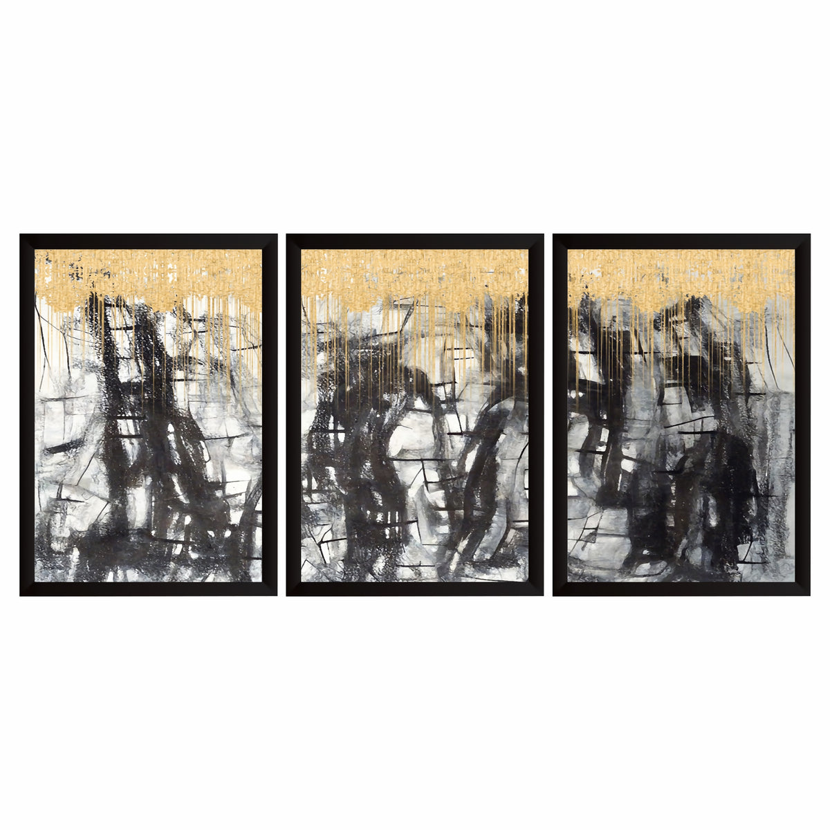 Luxury Abstract Wall Art Set of 3 | Black, White & Gold Prints