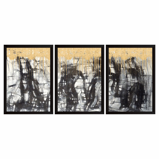 Luxury Abstract Wall Art Set of 3 | Black, White & Gold Prints