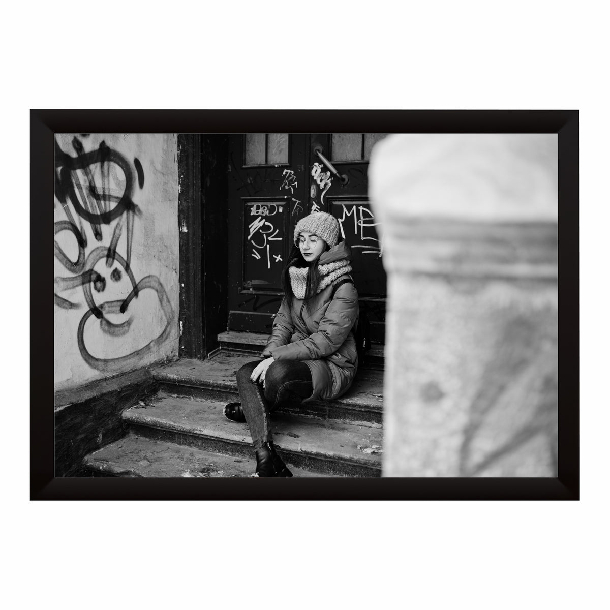Urban Winter Girl Wall Art | Black & White Photography
