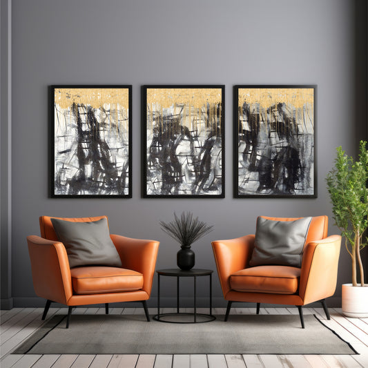 Luxury Abstract Wall Art Set of 3 | Black, White & Gold Prints