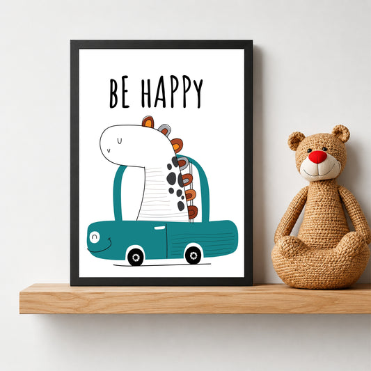 Cute Dino Wall Art | Be Happy Dino Kids Poster | Minimalist Nursery Room Decor