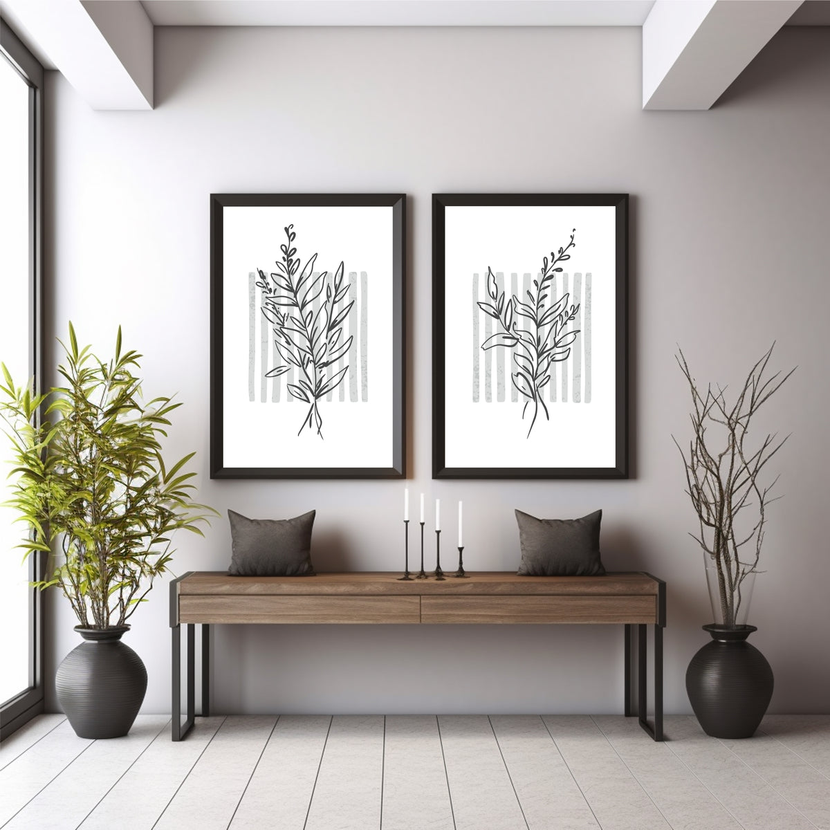 Modern Botanical Wall Art Set of 2 | Minimalist Leaf Line Art Prints | Neutral Nature Decor