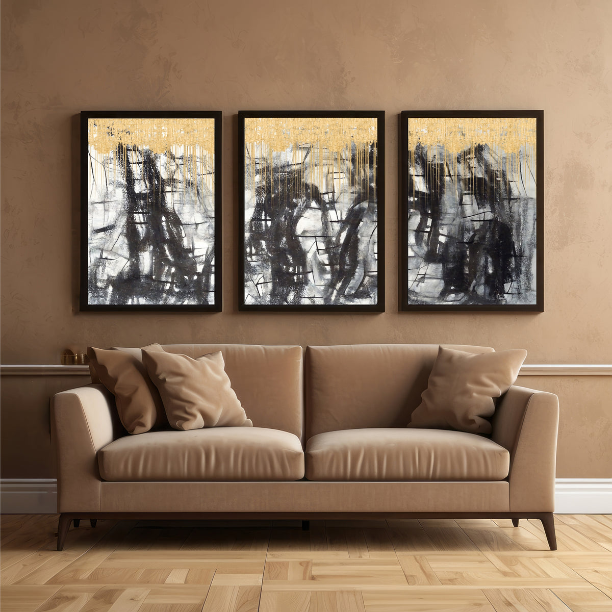 Luxury Abstract Wall Art Set of 3 | Black, White & Gold Prints