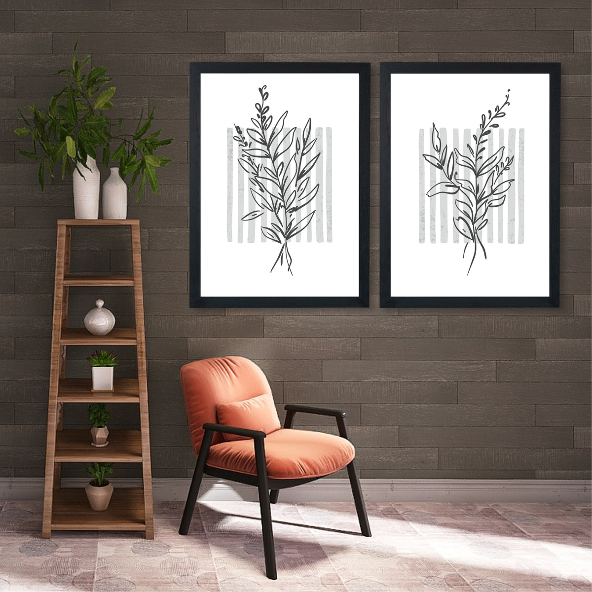 Modern Botanical Wall Art Set of 2 | Minimalist Leaf Line Art Prints | Neutral Nature Decor