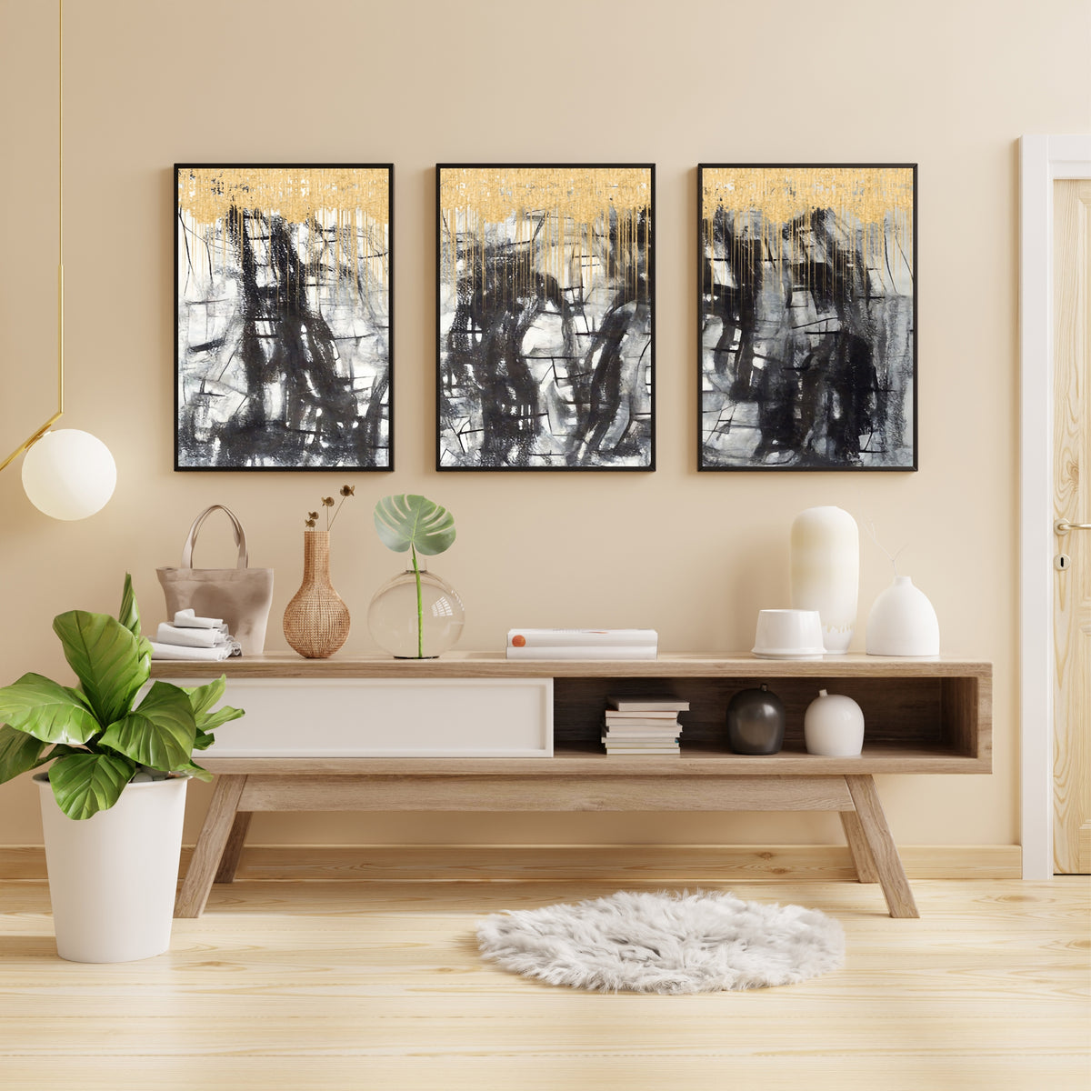 Luxury Abstract Wall Art Set of 3 | Black, White & Gold Prints