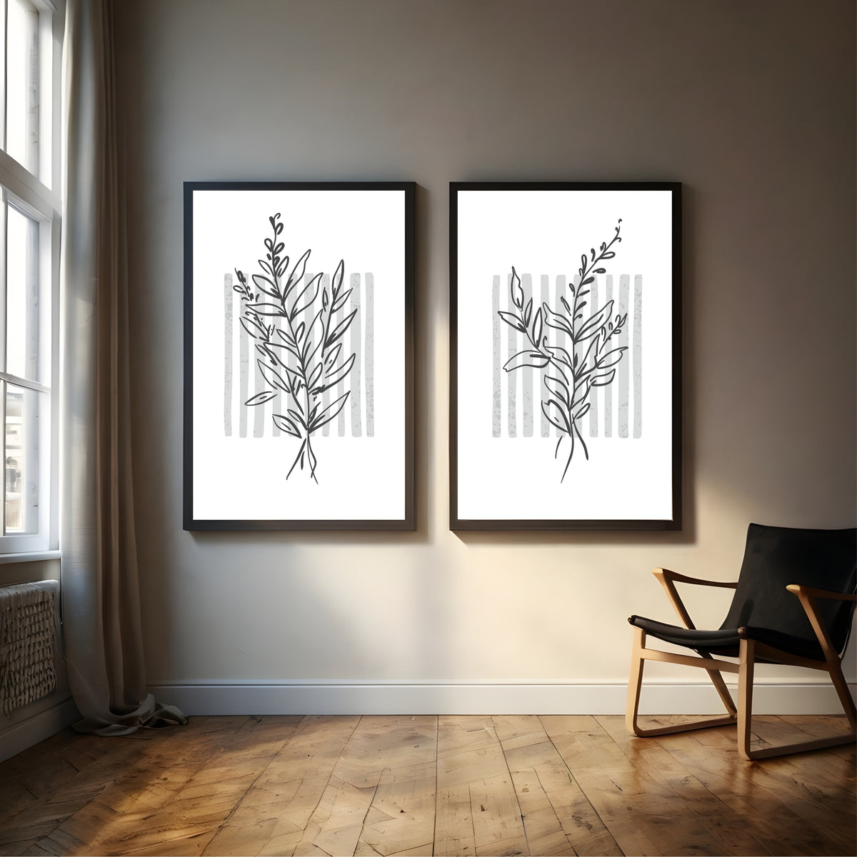 Modern Botanical Wall Art Set of 2 | Minimalist Leaf Line Art Prints | Neutral Nature Decor