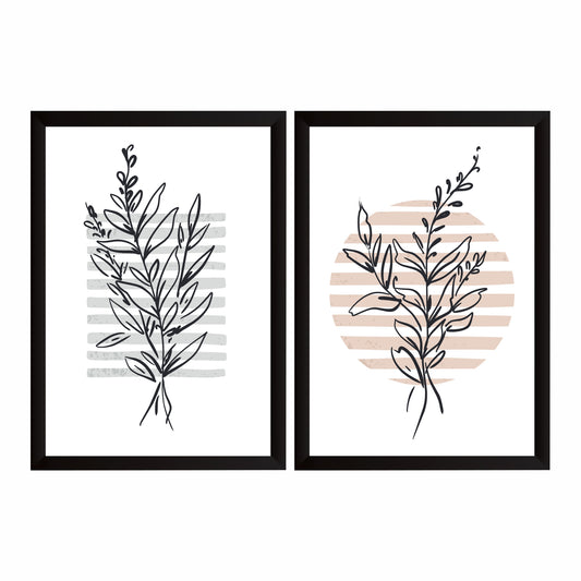Minimalist Botanical Wall Art Set of 2 | Black Leaf Line Art Prints | Neutral Modern Plant Decor