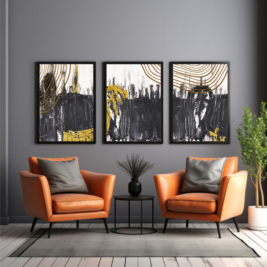Luxury Abstract Wall Art Set of 3 | Black, White & Gold Modern Prints