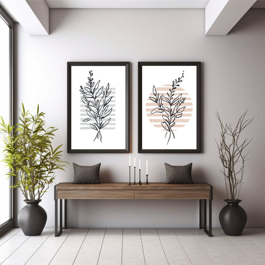 Minimalist Botanical Wall Art Set of 2 | Black Leaf Line Art Prints | Neutral Modern Plant Decor