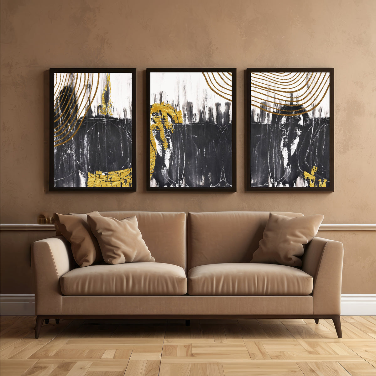 Luxury Abstract Wall Art Set of 3 | Black, White & Gold Modern Prints