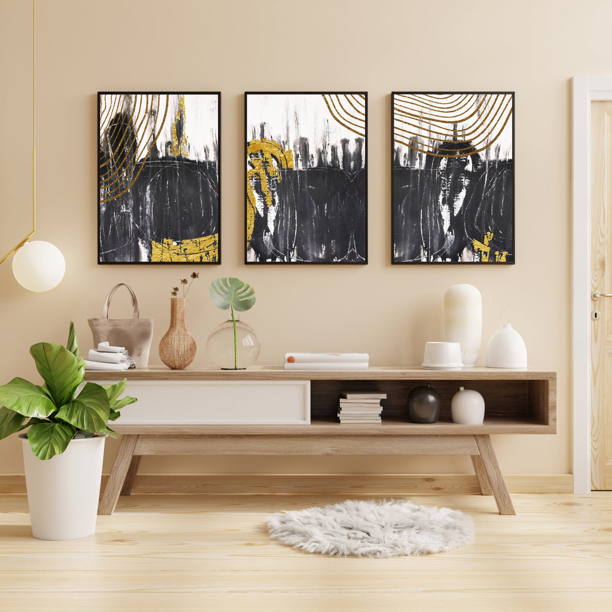 Luxury Abstract Wall Art Set of 3 | Black, White & Gold Modern Prints