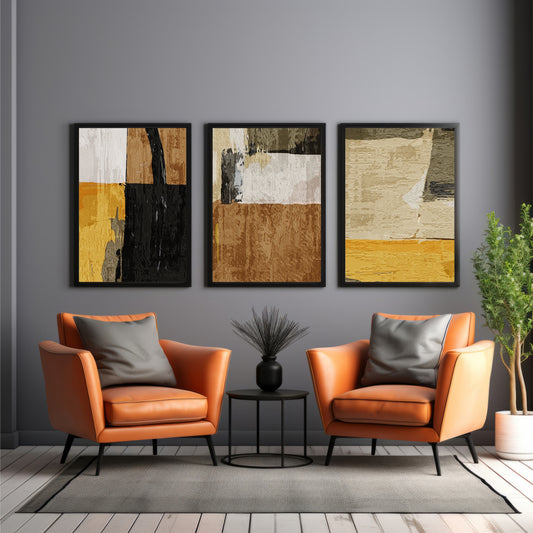 Modern Abstract Wall Art Set of 3 | Neutral Beige & Black Prints