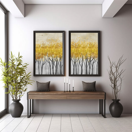 Abstract Golden Forest Wall Art Set of 2 | Modern Gray & Gold Tree Prints | Contemporary Nature Decor