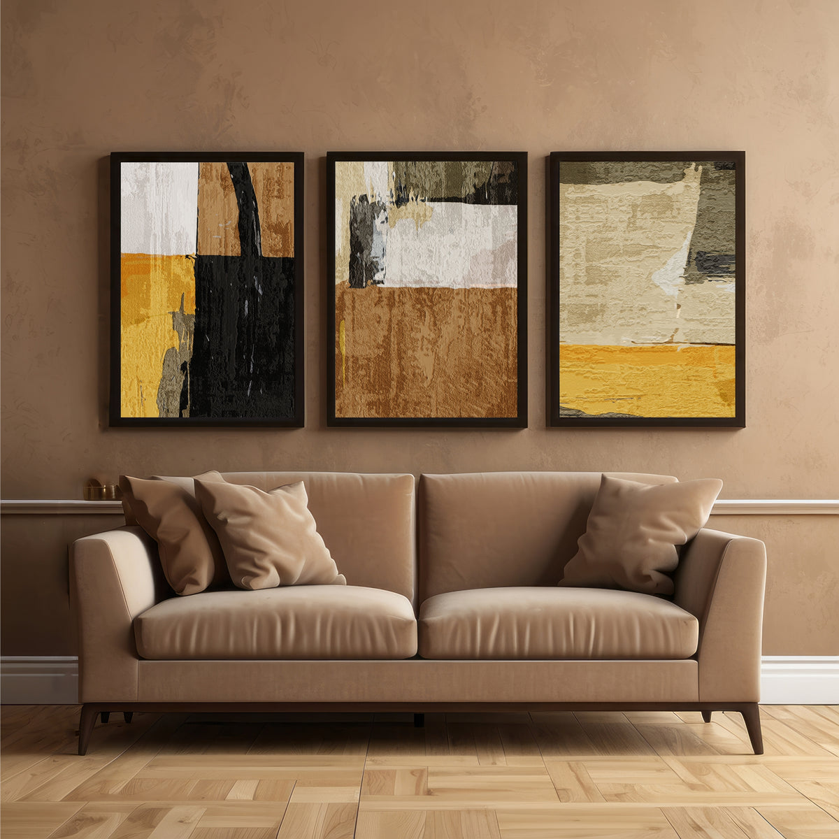 Modern Abstract Wall Art Set of 3 | Neutral Beige & Black Prints