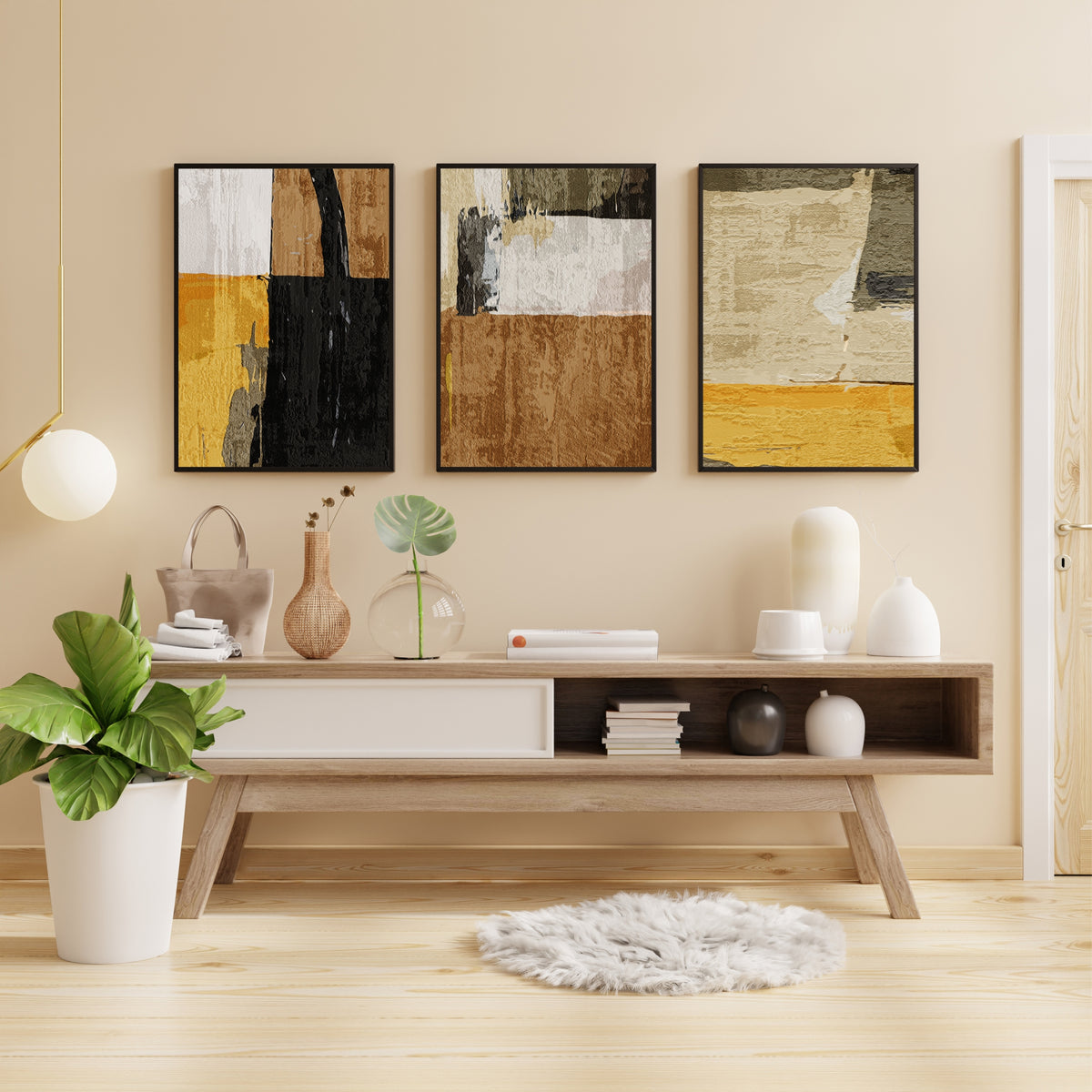 Modern Abstract Wall Art Set of 3 | Neutral Beige & Black Prints