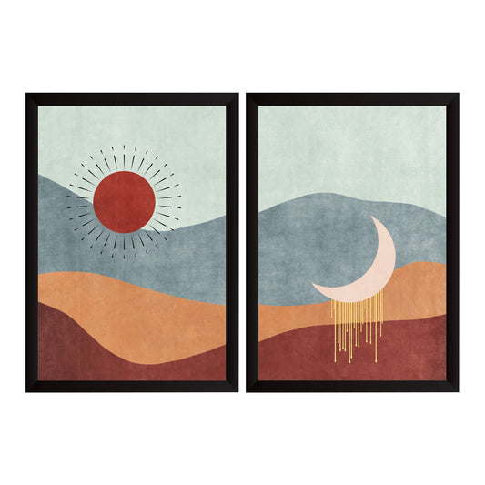 Abstract Sun & Moon Wall Art Set of 2 | Boho Celestial Landscape Prints | Modern Desert Wall Decor