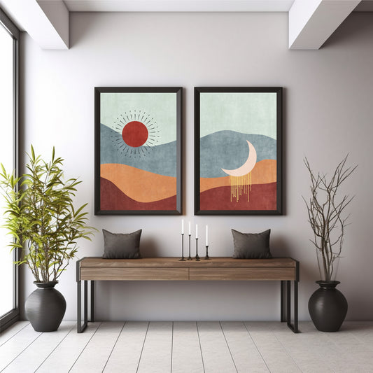 Abstract Sun & Moon Wall Art Set of 2 | Boho Celestial Landscape Prints | Modern Desert Wall Decor